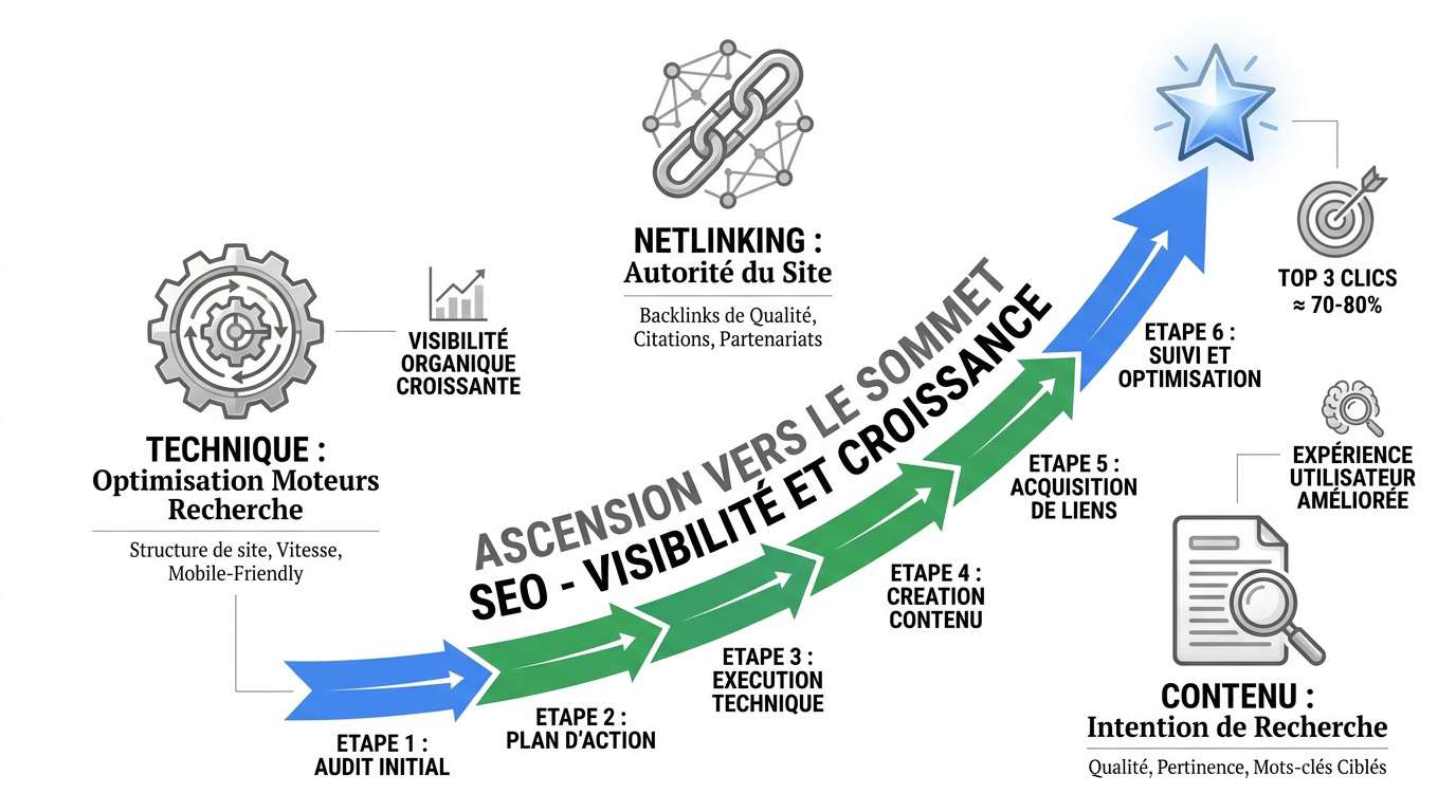 Infographie détaillant les étapes de l'optimisation SEO pour atteindre la première page de Google